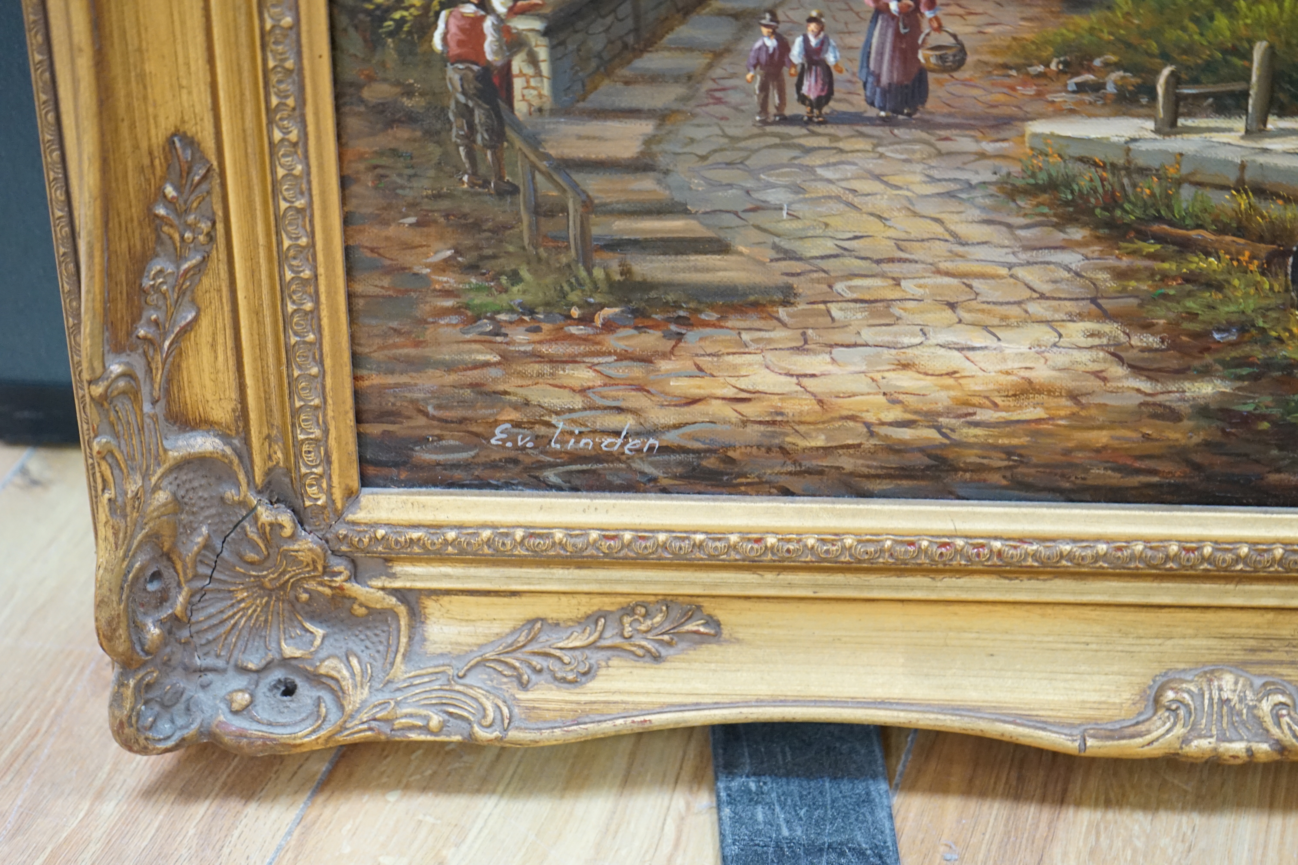 E.Van Linden, oil on canvas, Austrian street scene with figures, signed, 59 x 49cm, ornate gilt frame